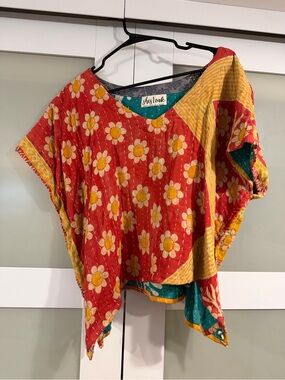 Kantha Daisy Floral Patchwork Cotton Top in Red and Yellow